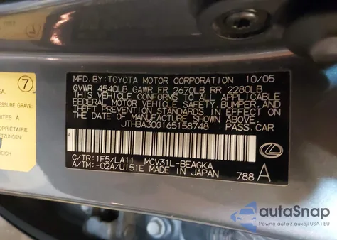 2006 Lexus Es из США, поврежденный, VIN JTHBA30G165158748